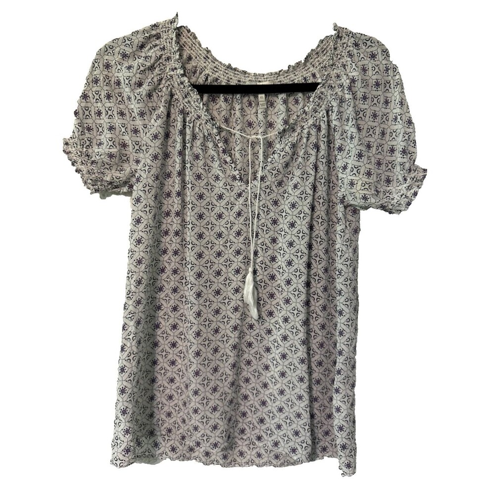 Joie Silk Medallion Smocked puff sleeve top XS - Boho Tassel Tie‎